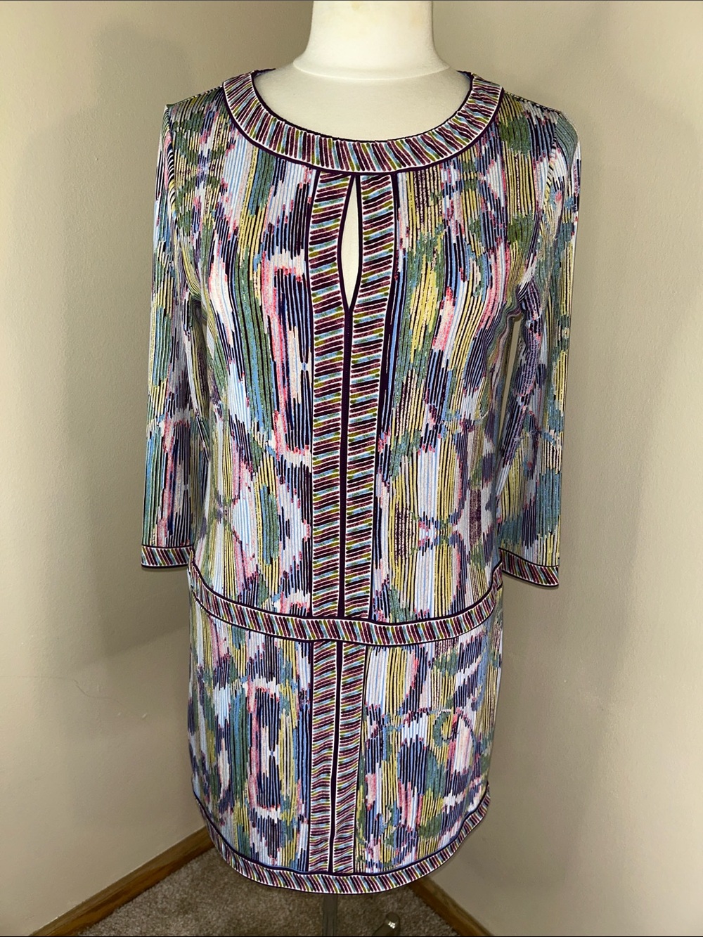 BCBGMaxAzria Multicolor Stripe & Ikat Midi Dress — Blue, Pink, Yellow, Green